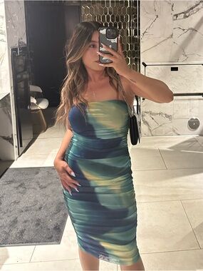 Strapless Ruched Dress in Blue Green Tie-Dye